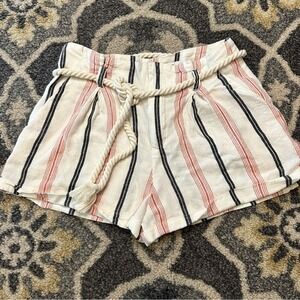 Forever 21 Striped Shorts M Cream Red Black Linen Rope Belt Coastal Grandma